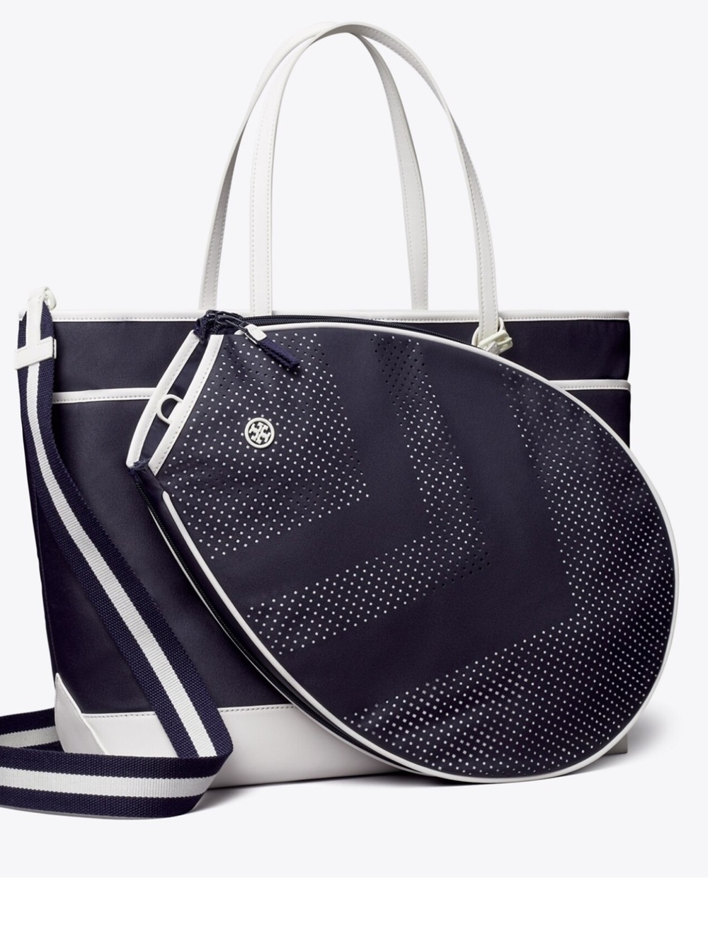 Tory Sport Navy Coated Canvas with White Leather Trim Convertible Tennis Tote